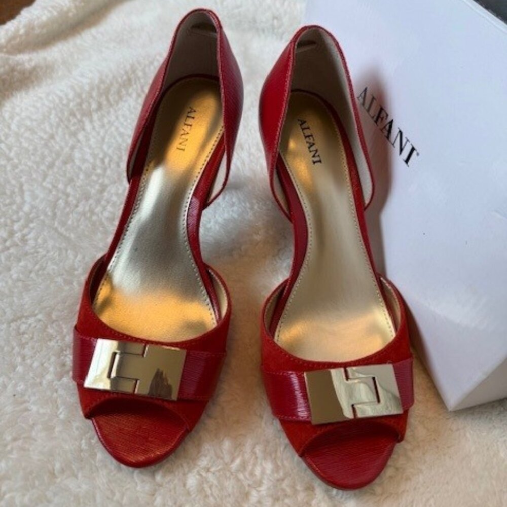 Alfani Peep Toe Heels with Gold Buckle